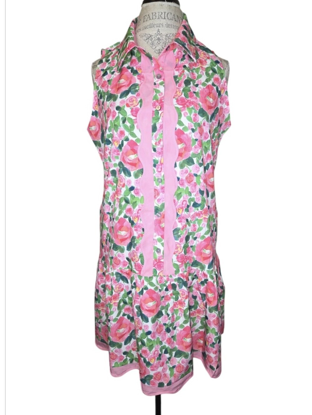 Cicy Bell Vibrant Pink Floral Drop Waist Shirt Dress Size L NEW